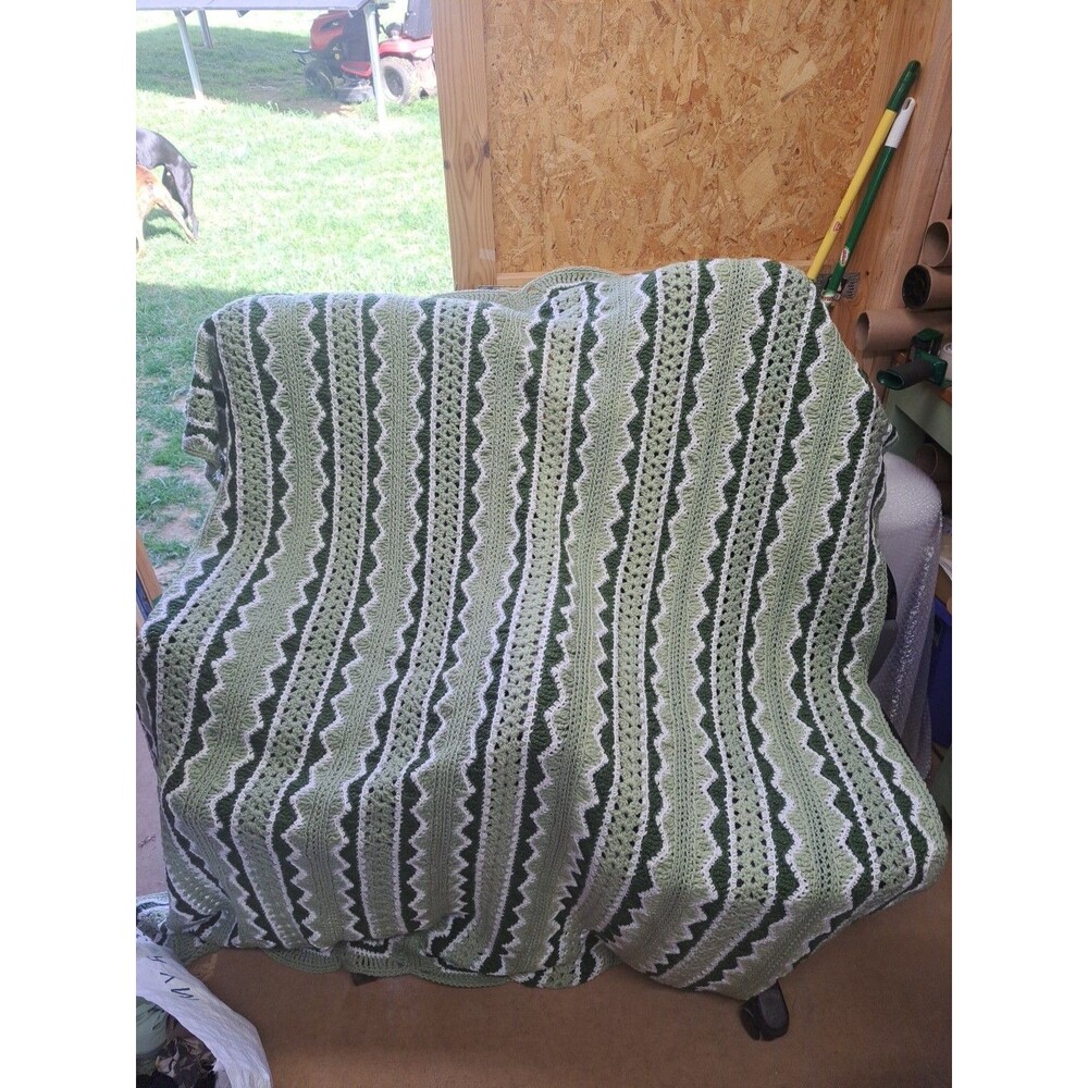 Handmade Crochet Afghan Shade Of Green And White 63x92in